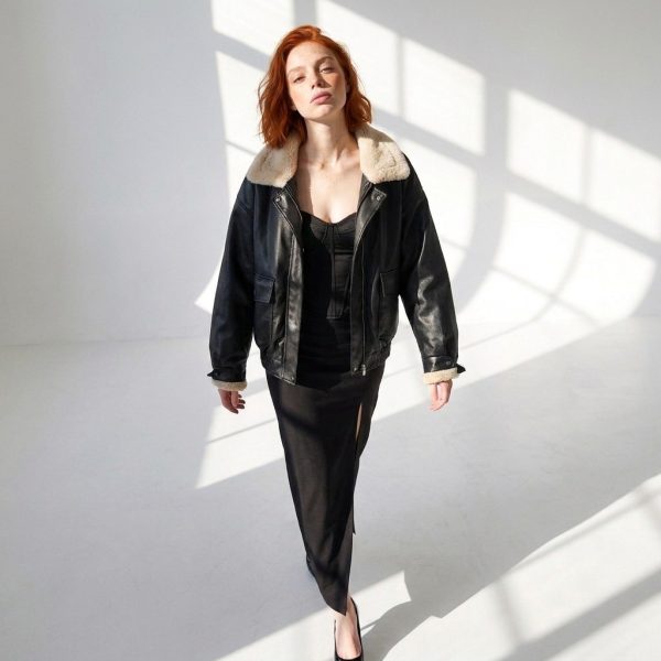 Fliegerjacke aus veganem Leder mit Pelzkragen Mild Tone Schwarz Damen
