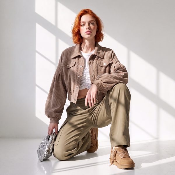 Krótka kurtka sztruksowa z rękawami latarniowymi Muse Haze Khaki damski